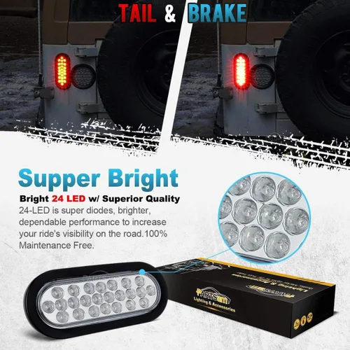 Vista 3 de Partsam 2 luces LED ovaladas rojas + 2 blancas de 6 pulgadas para remolque, kit de lente transparente, 24 LED, impermeable, parada, freno, giro