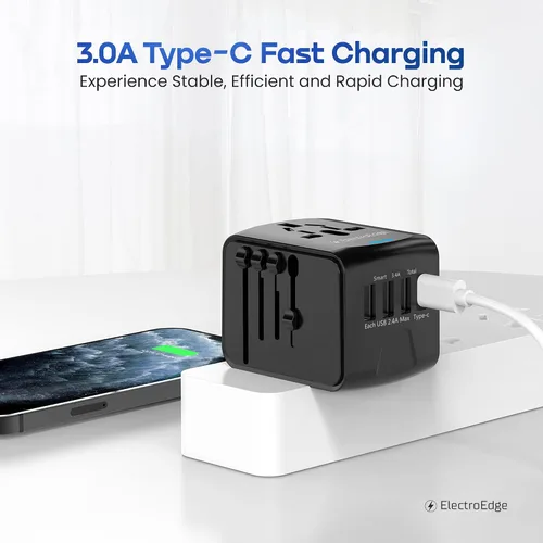 Vista 8 de Adaptador de viaje universal con puerto 3USBA + 1USBC, adaptador de viaje mundial todo en 1 Adaptador de enchufe europeo a Reino Unido Adaptador