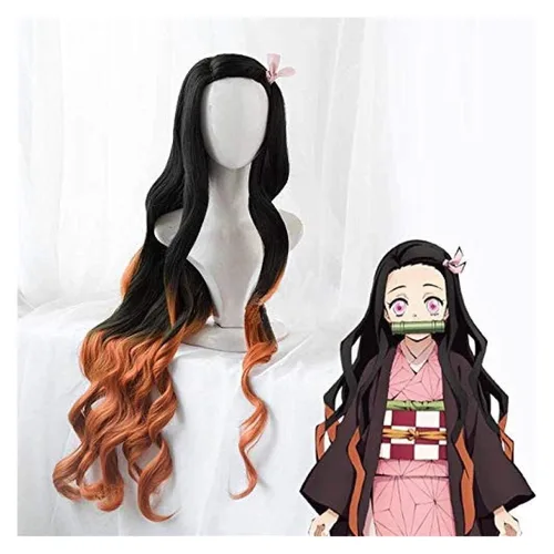 Vista 2 de MAGGAZ Anime Kamado Nezuko Cosplay Wig Blade of The Demon Slayer Kimetsu no Yaiba Halloween Anime Curly Hair Mixed Black Brown + Wig Cap KEEBON