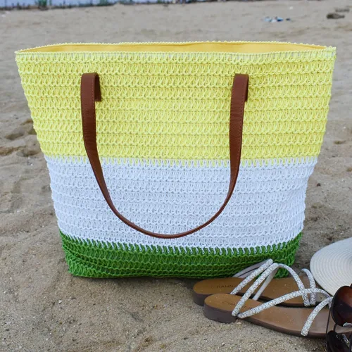 Vista 34 de Bolso grande de paja para mujer, tejido de ratán, bolso de playa de verano, a rayas