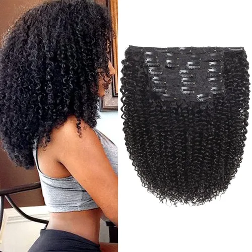 Vista 7 de Extensiones de cabello rizado kinky con clip para mujeres negras 14 pulgadas 2# marrón oscuro extensiones de cabello rizado con clip cabello humano