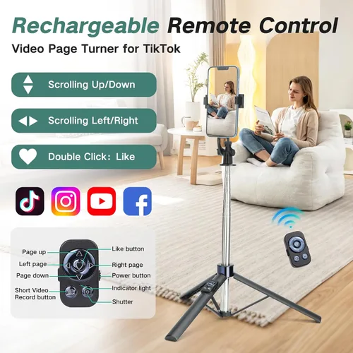 Vista 4 de Trípode selfie stick de 70 pulgadas para iPhone con control remoto, palo selfie extensible para iPhone, trípode portátil para teléfono de viaje