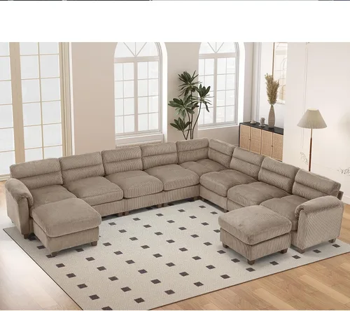 Vista 96 de HAOMARKETS Sofá esquinero modular en forma de L de 115 pulgadas con 2 otomanas móviles, sofás de pana de 8 plazas con cojín grueso para sala de Beige