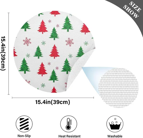 Vista 4 de Green Red Christmas Trees Round Place Mats, Heat Resistant Non Slip Table Placemat Washable for Kitchen one sizex1