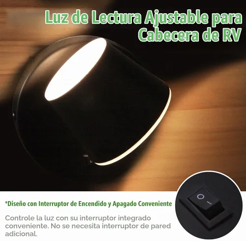 Vista 2 de Luz de Lectura de Cama LED para RV con Interruptor - Paquete de 2, Aplique de Pared para Tocador de 12V para RV con Rotación de 350°, Acabado