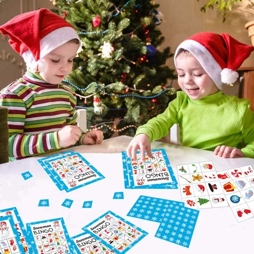 Vista 6 de Juego de bingo navideño de Happy Storm para niños y adultos, tarjetas de muñeco de nieve, 24 jugadores, juegos de invierno y actividades festivas