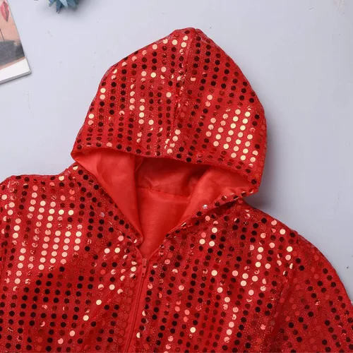 Vista 6 de inhzoy Conjunto de lentejuelas para niña, danza callejera, hip hop, danza, rendimiento, con capucha y pantalones de harén