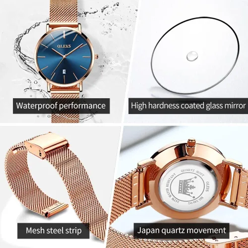 Vista 6 de OLEVS Reloj de regalo para mujer con pulsera de oro rosa para mujer minimalista, simple, delgado, casual, analógico, de cuarzo, impermeable, dos