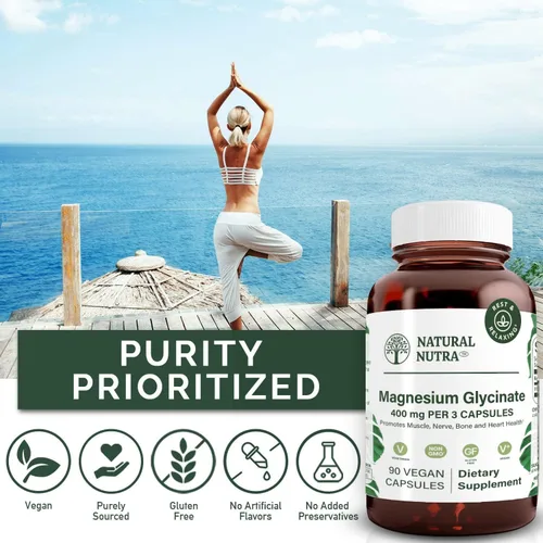 Vista 4 de Natural Nutra Suplemento de glicinato de magnesio de 400 mg, promueve la salud cardiovascular, vegano, ayuda a mejorar la salud ósea, sin soja, 90