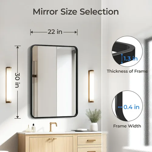 Vista 4 de USHOWER Espejo de baño negro para sobre el fregadero, 22 x 30 pulgadas, espejo rectangular negro mate para pared, espejo de tocador con marco