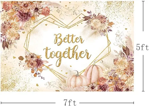 Vista 2 de MEHOFOND Fondo de boda de otoño de 7 x 5 pies, diseño de calabaza, bohemio, floral, para fotografía de boda, corazón, geométrico, puntos dorados