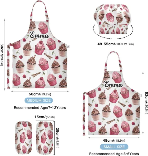 Vista 3 de Sinestour Delantal de chocolate cereza personalizado para niños y sombrero de chef, juego de 3 delantales de cocina personalizados para niños