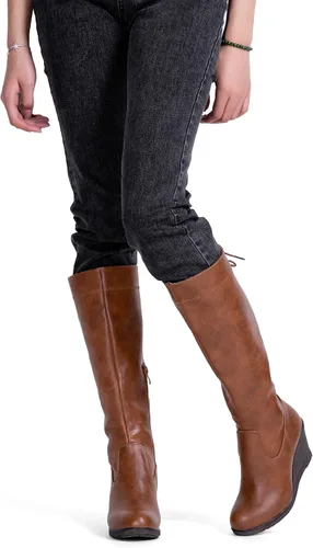 Vista 2 de Vepose Botas altas hasta la rodilla 9651 para mujer, de moda, con tacón de cuña, botas de pantorrilla para mujer