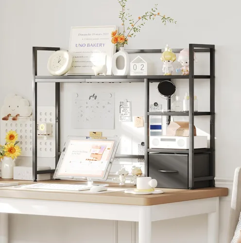 Vista 5 de Estante de escritorio con cajón, estante organizador de escritorio de 41.3" (105 cm), estantería para monitor de computadora hasta 32", estante