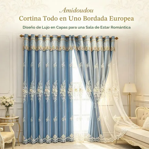 Vista 2 de Amidoudou 1 par de cortinas europeas de lujo con cenefa para sala de estar, dormitorio, cortinas bordadas de doble capa (azul, 52 x 84 pulgadas)