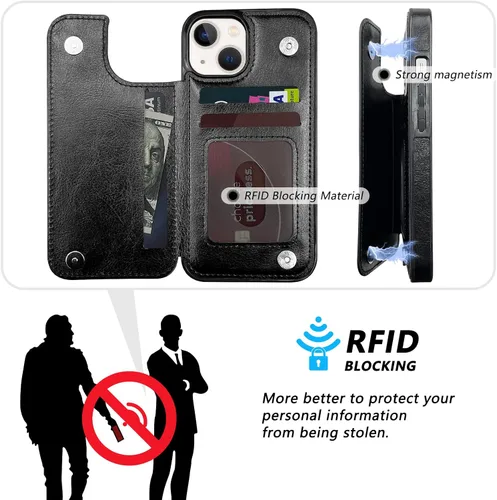 Vista 4 de Funda tipo cartera para iPhone 13 y 14 con soporte para tarjetas, funda trasera de piel sintética, con ranuras para tarjetas, doble cierre