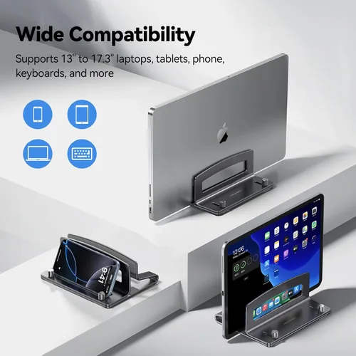 Vista 9 de TECKNET Soporte vertical para laptop, soporte ajustable de aluminio para laptop (hasta 17.3 pulgadas), soporte vertical que ahorra espacio