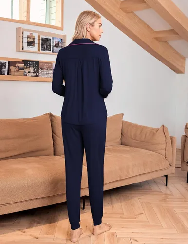 Vista 3 de Ekouaer Conjunto de pijama de manga larga para mujer, ropa de dormir con botones y bolsillos