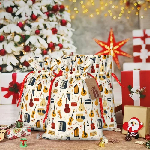Vista 5 de Bolsas de regalo con estampado de instrumentos musicales retro, bolsas de regalo de Navidad reutilizables con cordón y etiqueta de regalo