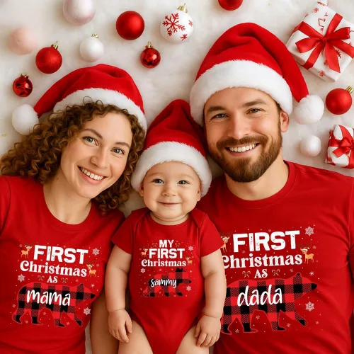 Vista 5 de First Christmas as Mama Dad Baby Bear Shirts, Custom Family Matching Christmas Outfits, Buffalo Plaid Bear Mom Dad Baby T Shirt White