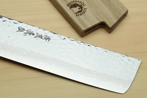 Vista 7 de Yoshihiro VG10 Cuchillo japonés para verduras Nakiri de 46 capas de Serie Damascus, mango de Ambrosia de 6.5' (165mm)