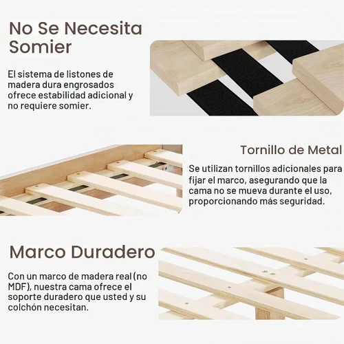 Vista 6 de KISLOT Marco de cama de madera con cabecero tapizado, base de plataforma para colchón, soporte de listones de madera resistente, no necesita somier