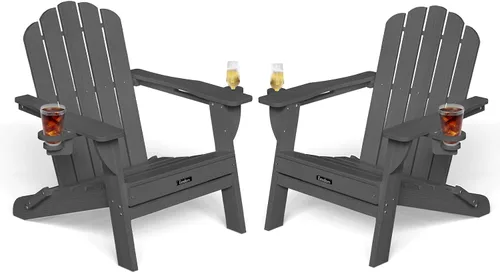 Vista 49 de Silla Adirondack plegable, silla Adirondack de HDPE con 2 soportes para tazas, sillas para fogatas al aire libre de fácil montaje para patio