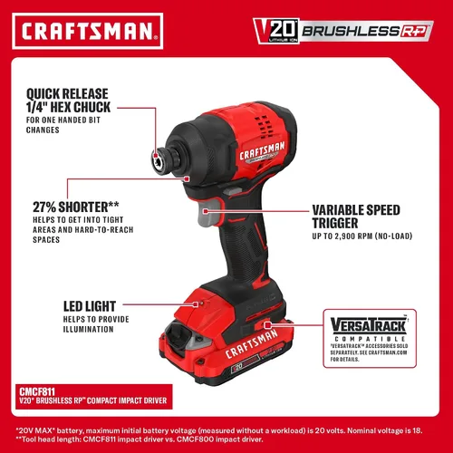 Vista 4 de CRAFTSMAN V20 Brushless RP Drill Driver and Impact Driver Compact 2 Tool Combo Kit With 2 x 2ah Battery and Charger, 1900 RPM Power Drill, 2100