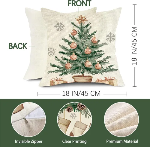 Vista 3 de Juego de 4 fundas de almohada decorativas para árbol de Navidad de invierno, 18 x 18 pulgadas, con medias de manoplas, regalos para porche