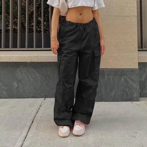 Vista 5 de IWEMEK Pantalones de paracaídas para mujer, pantalones cargo holgados con bolsillos, cordón de ajuste de cintura baja, pantalones Y2K, holgados, hip