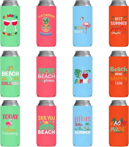 Vista 9 de Enfriador de latas con temática de playa, paquete de 12 fundas divertidas para latas de verano para decoración de fiesta en la playa, neopreno