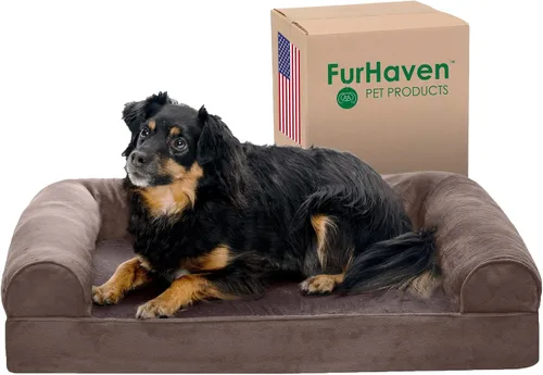 Vista 45 de Furhaven - Cama ortopédica para perros, estilo sofá, acolchada, con funda extraíble y lavable, marrón tostado, tamaño jumbo (XL)