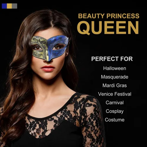 Vista 6 de Máscara de máscaras para hombres, parejas, máscara griega romana para Mardi Gras veneciano, disfraces, fiesta, baile de graduación (oro real + azul)
