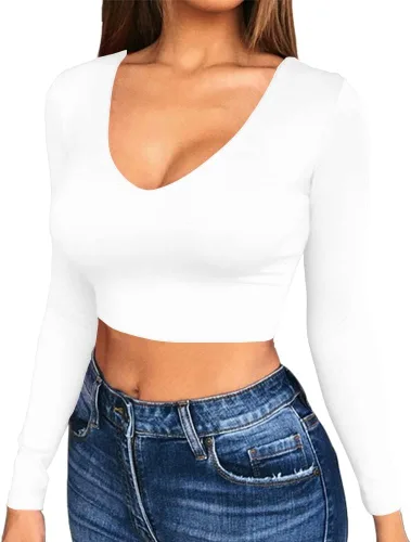 Vista 7 de Artfish Women's Long Sleeve Scoop V Neck Crop Top 04# Cuello en V Negro