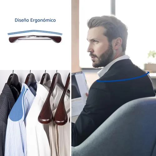 Vista 4 de Nature Smile Perchas de madera de caoba de lujo para trajes, paquete de 6, perchas de madera para abrigos, perchas para camisas para chaquetas
