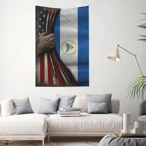 Vista 2 de Tapiz de mitad de bandera estadounidense y mitad de bandera de Nicaragua, 60 x 40 pulgadas, divertido tapiz estético, arte de pared para dormitorio