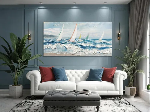 Vista 5 de Enartly Arte de pared texturizado 3D con ondas oceánicas para sala de estar, paisaje marino azul, velero, lienzo, pintura costera, obra de arte