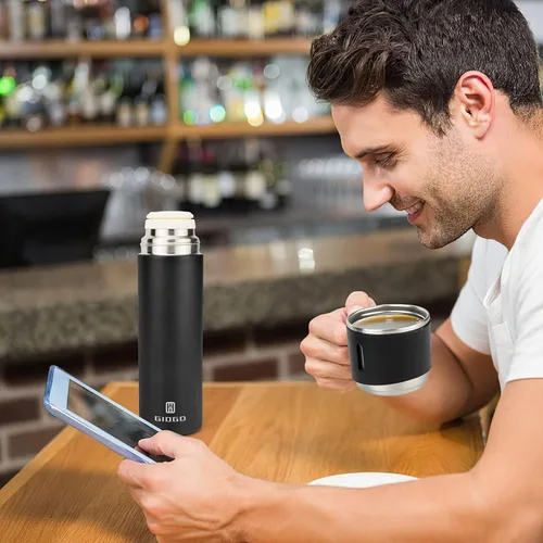 Vista 7 de Termo de acero inoxidable 500ml/16.9oz botella aislada al vacío con taza para café, bebidas calientes y bebidas frías, cantimplora de agua.