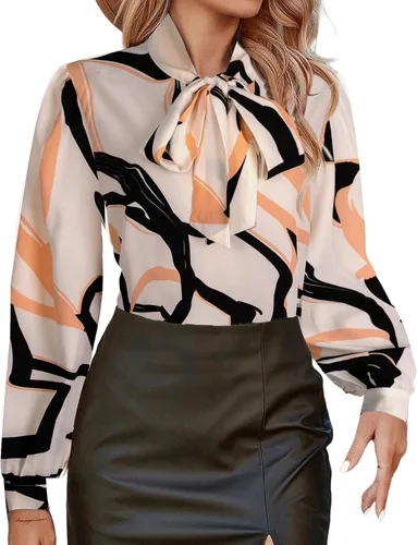 Vista 19 de Avanova - Camisas de manga larga abullonada con cuello de lazo para mujer, blusas casuales de trabajo