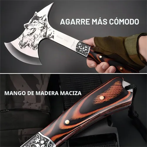 Vista 2 de Hacha de camping con funda de nailon, cabeza de lobo grabada Tomahawk de acero inoxidable con agarre de madera de espiga completa, hacha de camping