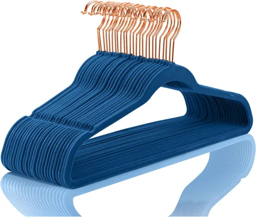 Vista 19 de MIZGI - Perchas de terciopelo premium - de alta resistencia, antideslizantes, (paquete de 50 unidades), ganchos color azul agua y dorado rosa