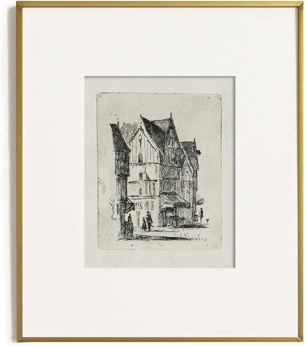 Vista 7 de Dibujo de Edificios de Ciudad en Estilo Rústico en Gris - Grabado de Arquitectura Urbana en Poster - Arte de Pared Vintage de Granja - Bosquejo Gris