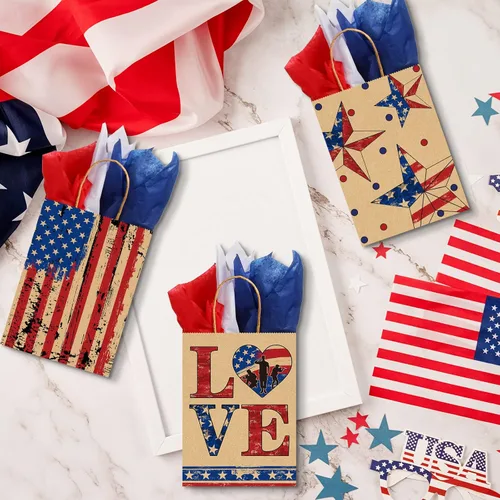 Vista 4 de PerKoop 32 bolsas de regalo patrióticas con asas para el aniversario del 250 aniversario, con la bandera estadounidense, recuerdo del 4 de julio