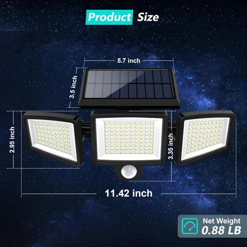 Vista 3 de Tuffenough - Luces solares para exteriores, 2500 lm, 210 luces LED de seguridad con control remoto, 3 cabezales de luces con sensor de movimiento
