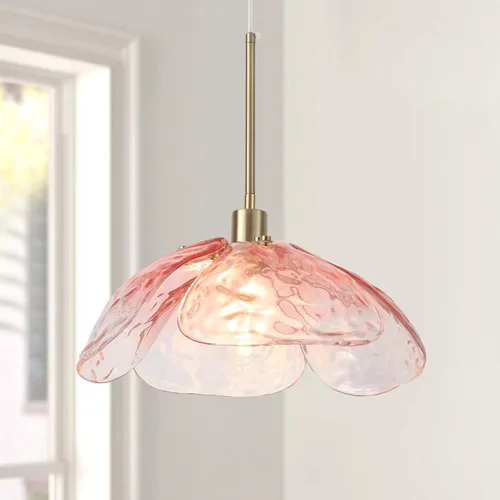 Vista 8 de Lámpara colgante de cristal martillado rosa – Lámpara colgante vintage grande de 14 pulgadas, moderna lámpara colgante industrial de granja, lámpara