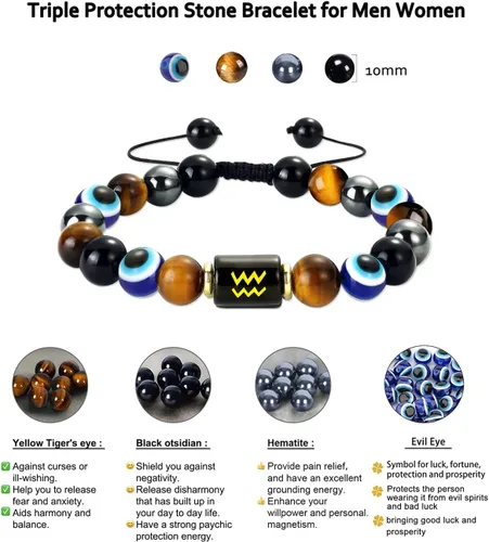 Vista 5 de Pulsera de triple protección del zodiaco, ojo malvado, hematita, obsidiana, ojo de tigre, chakras, cuentas de cristal curativo para hombres