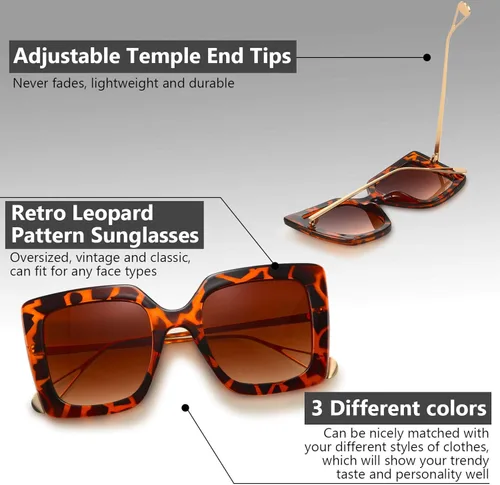 Vista 3 de 3 pares de gafas de sol cuadradas de gran tamaño con patrón de leopardo retro con gamuza de cristal para mujer