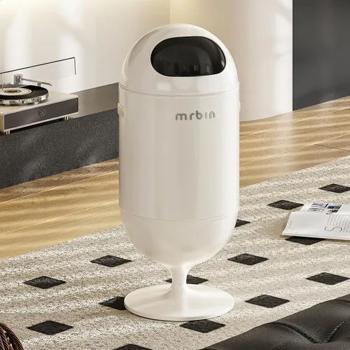 Vista 8 de MRBIN Bote de basura de metal con tapa, cesta de basura decorativa mediana de 5.3 galones / 20 litros, basura redonda alta con patas altas para Negro