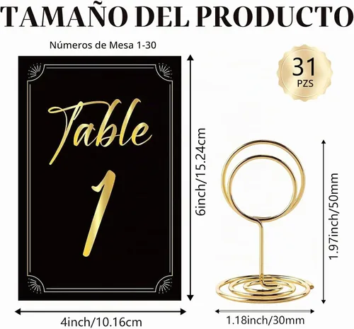 Vista 2 de 31 juegos de tarjetas de números de mesa con soportes, 1-30 elegantes tarjetas de asiento de mesa de color negro dorado, soporte de lugar de 2