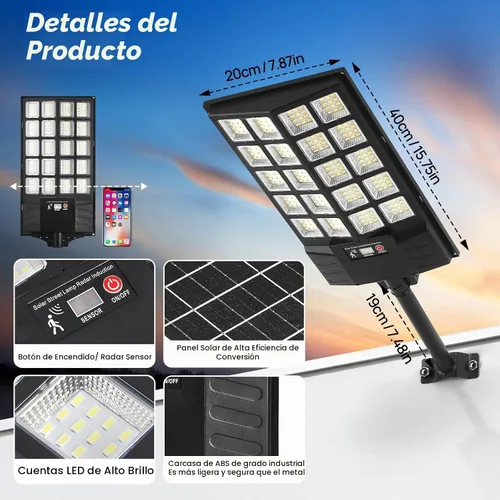 Vista 4 de Luces solares de inundación para exteriores, luz de calle con sensor de movimiento impermeable con control remoto, iluminación de seguridad